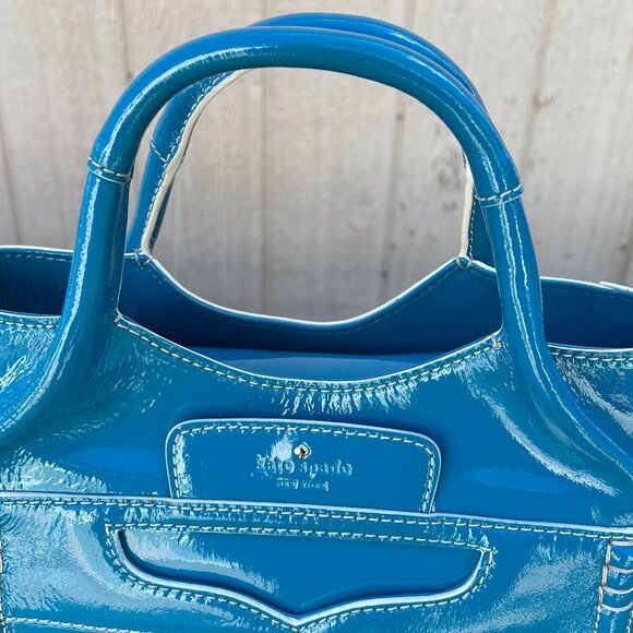 Unused Kate Spade Teal Patent Leather Satchel Bag Structured White Stitching - Picture 7 of 12